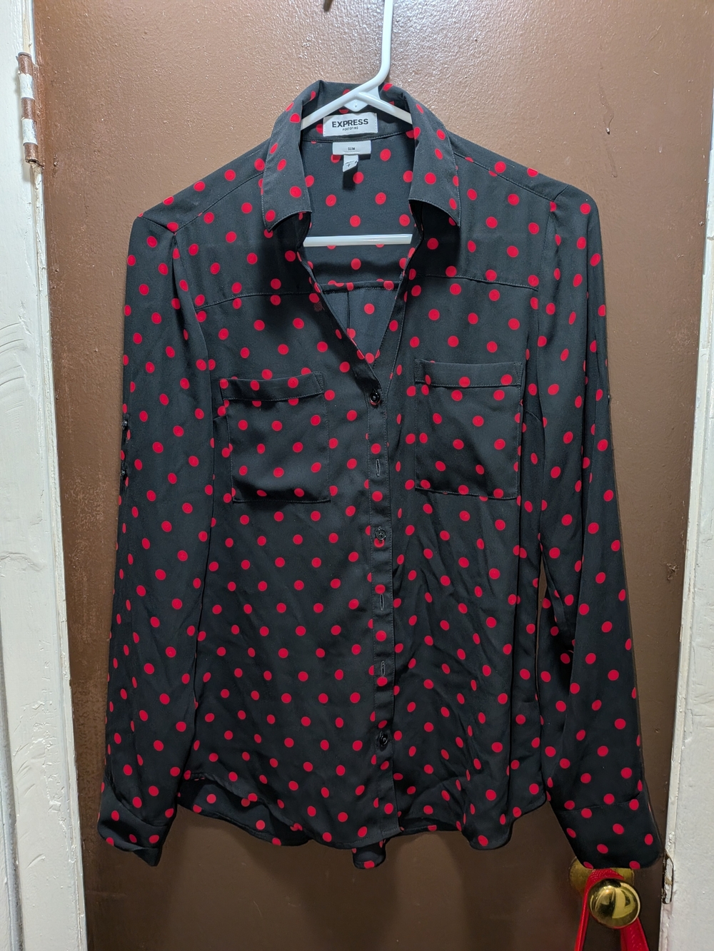 Express Black Blouse with Red Polka Dots